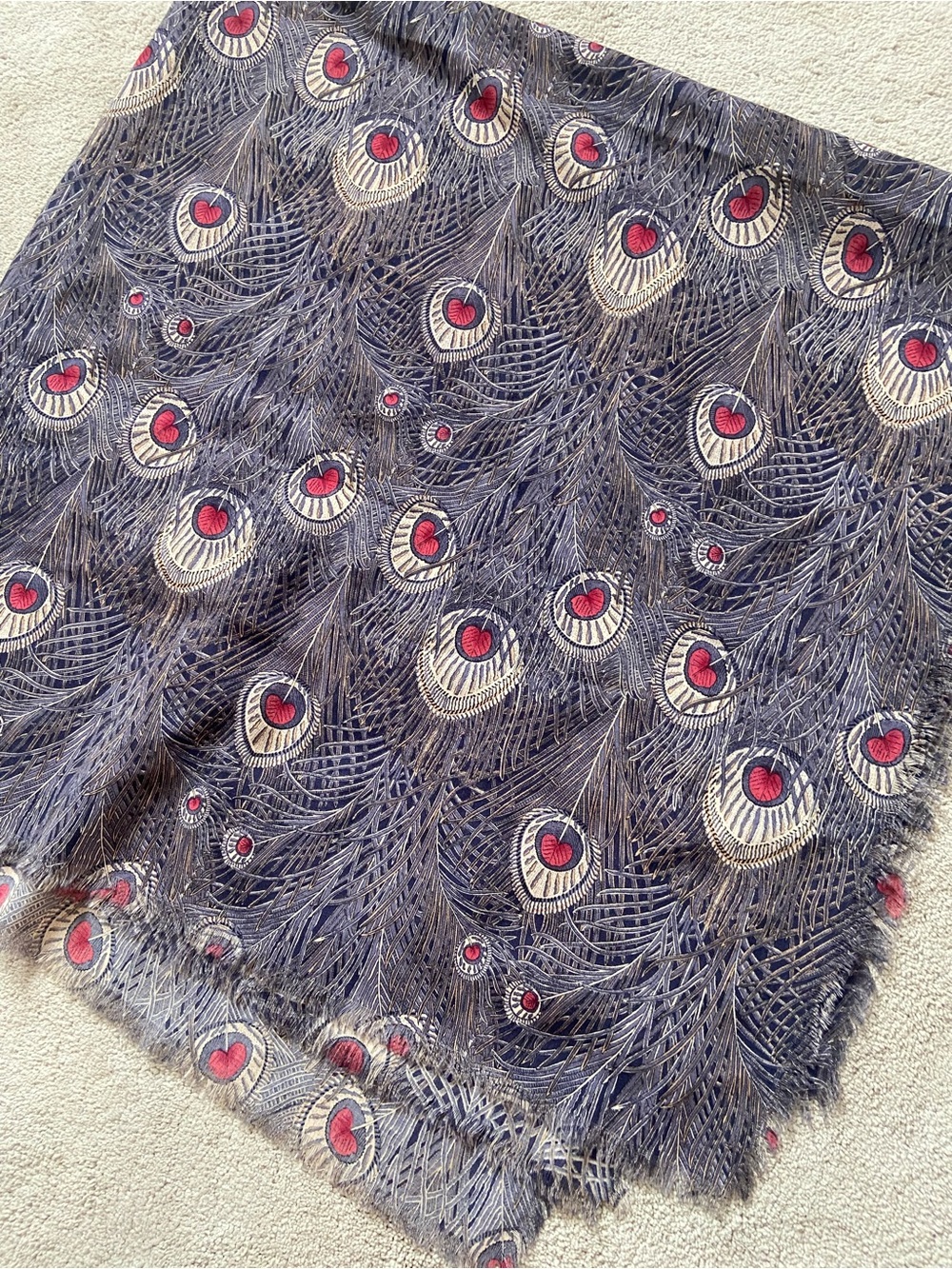 Vintage Liberty of London Peacock Feather Wool Large Scarf Shawl. 52 x 52 in.